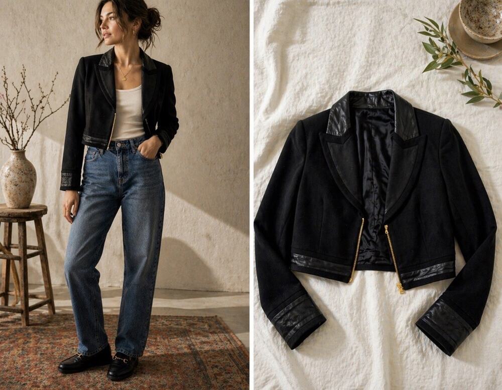 Vintage SEA New York Cropped Wool Silk Leather Trim Jacket Quiet Luxury Sz 0